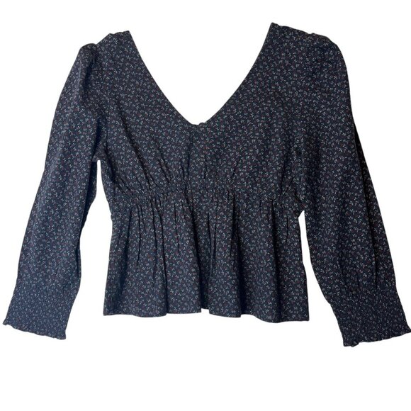 Madewell Women's M Tie-Back Peplum Top in Campden Daisies Deep Indigo Floral‎ - Picture 3 of 9